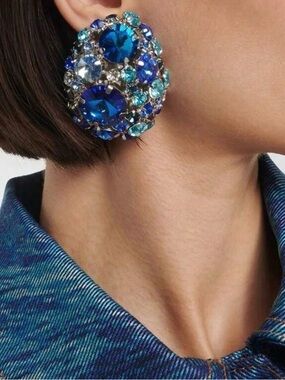 Blue Crystal Cluster Clip-On Earrings - Women Jewelry